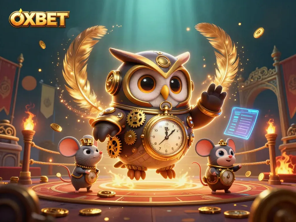 Experience the thrill of OXBET with a dynamic casino scene featuring a time-traveler owl and casino elements.