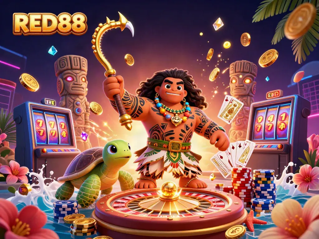 Experience thrilling gameplay with RED88 featuring a demigod hawk and vibrant casino elements.