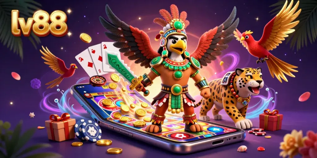 Engage in thrilling gaming at lv88 with a vibrant scene featuring legendary warriors and casino elements.