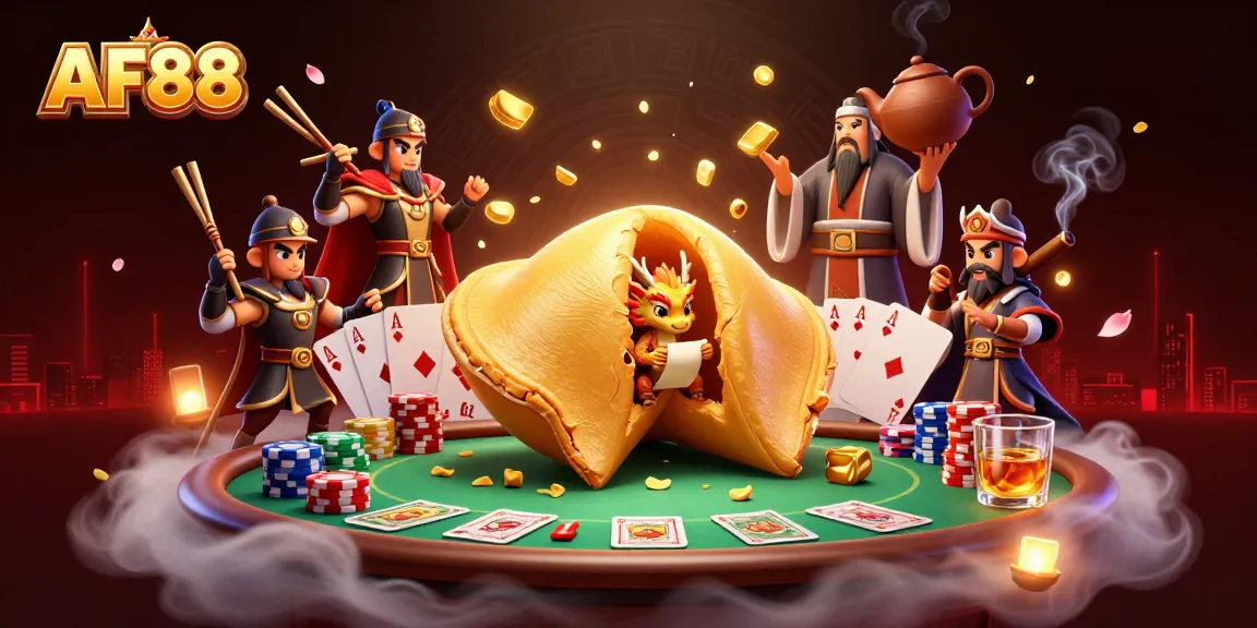Engage in thrilling gameplay with AF88, featuring a golden fortune cookie and vibrant poker scene.