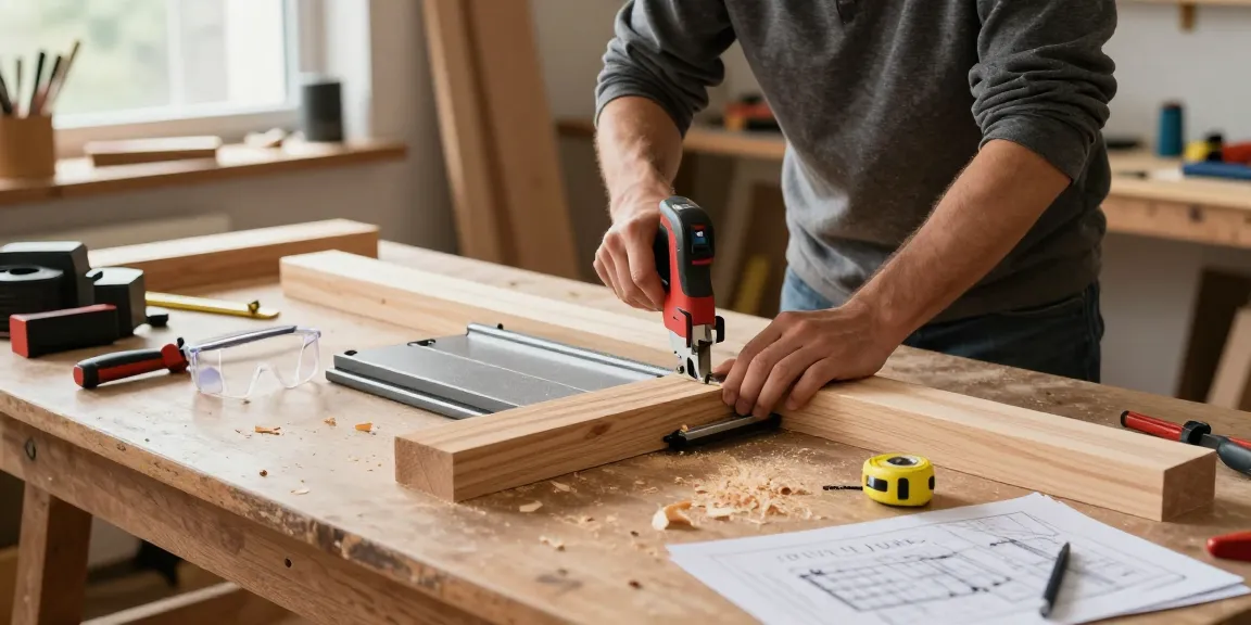 Carpenter using a table mitre saw for DIY project in a home workshop.