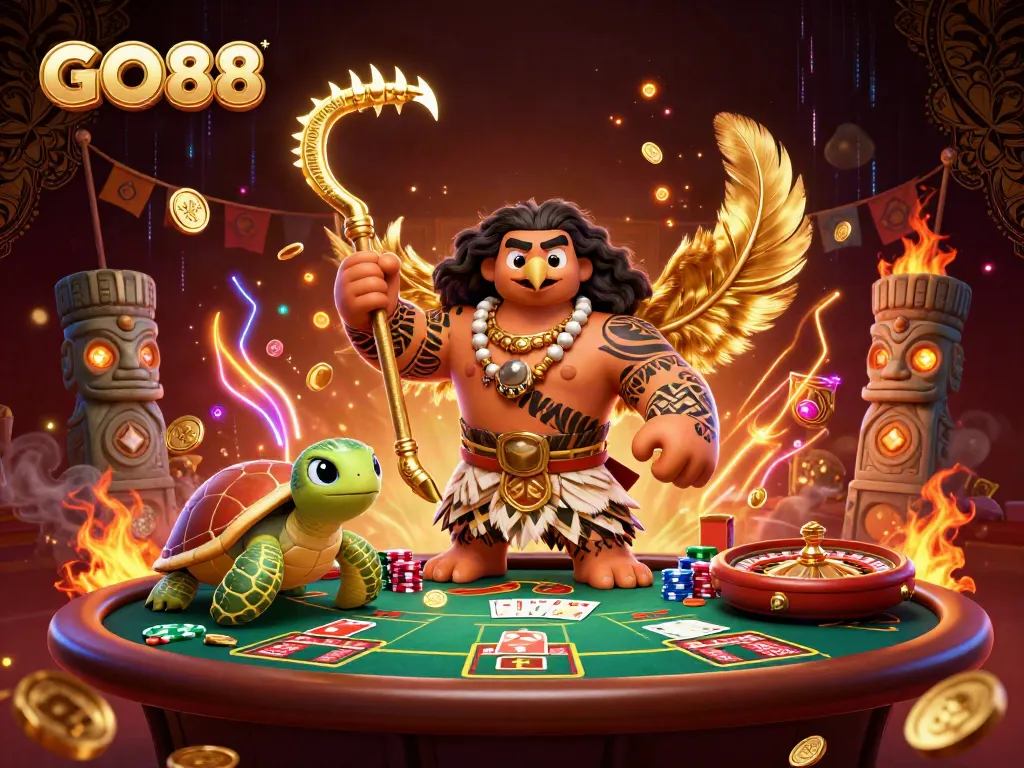 Engage with GO88 as a colorful cartoon demigod hawk and turtle enjoy poker and roulette.