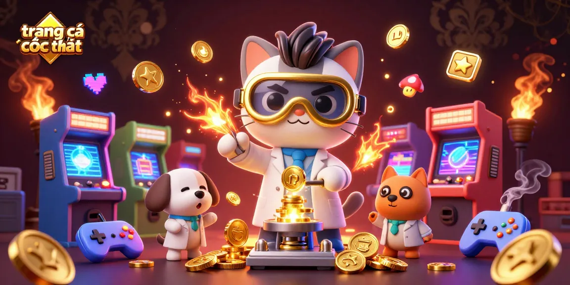 Experience the thrill of trang cá cược uy tín with an engaging 3D casino illustration of a mad scientist cat and dog creating gold coins