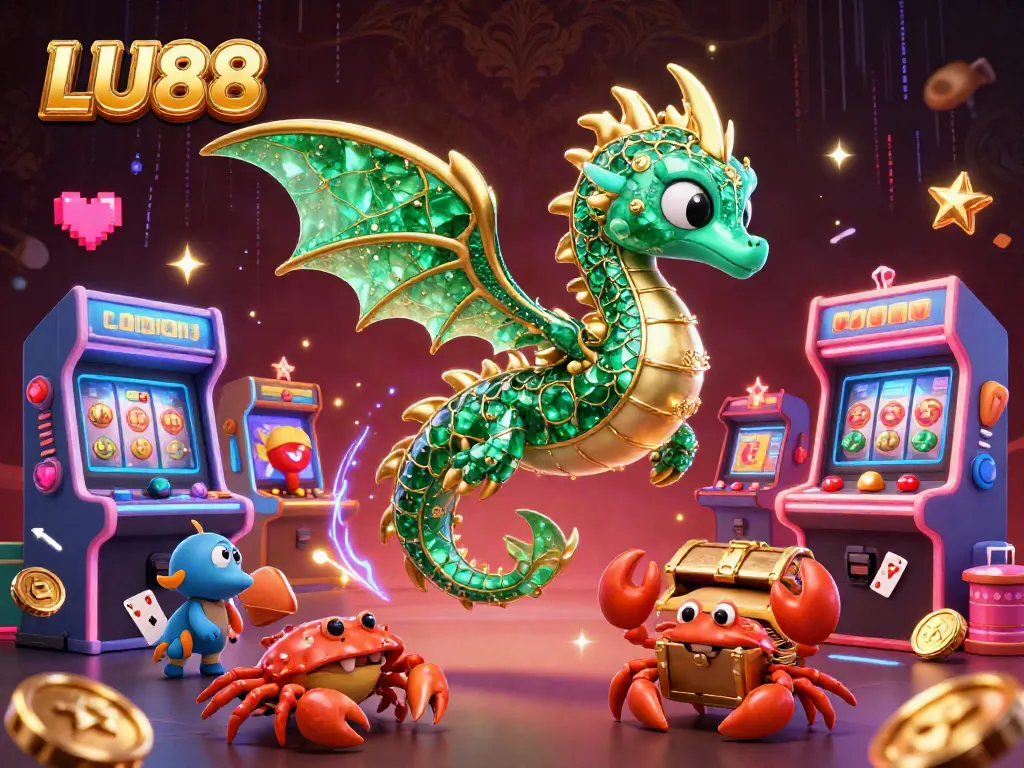 LU88 showcases a vibrant 3D casino scene featuring a sea dragon, slot reels, and a mesmerizing treasure chest.