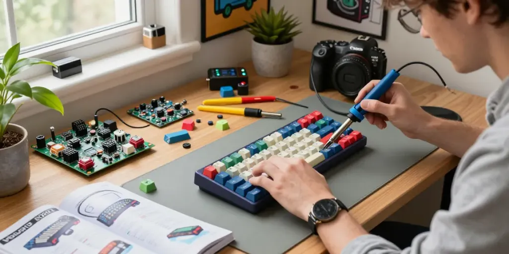 Custom mechanical keyboard setup featuring Wooting 60HE v2 module on a workspace with vibrant keycaps and tools for assembly.