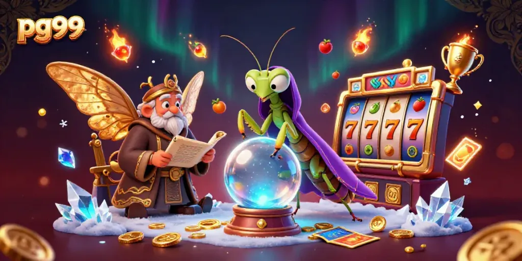 Engage with pg99's thrilling slots from the mystical world, featuring fortune teller characters and gold elements.