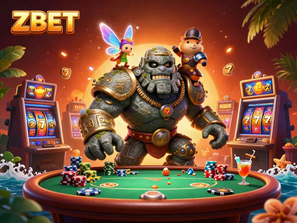 Experience ZBET's magical casino adventure with a stone golem, fairy, and hamster knight.