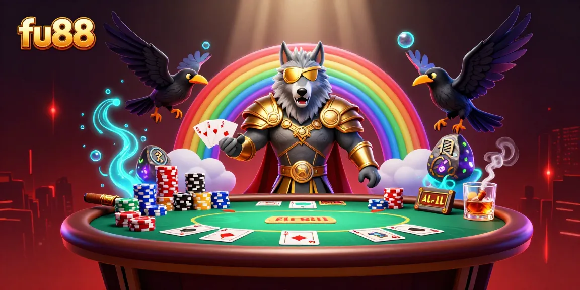 fu88 illustrates a vibrant casino scene with Odin and ravens, showcasing poker excitement and colorful chips.