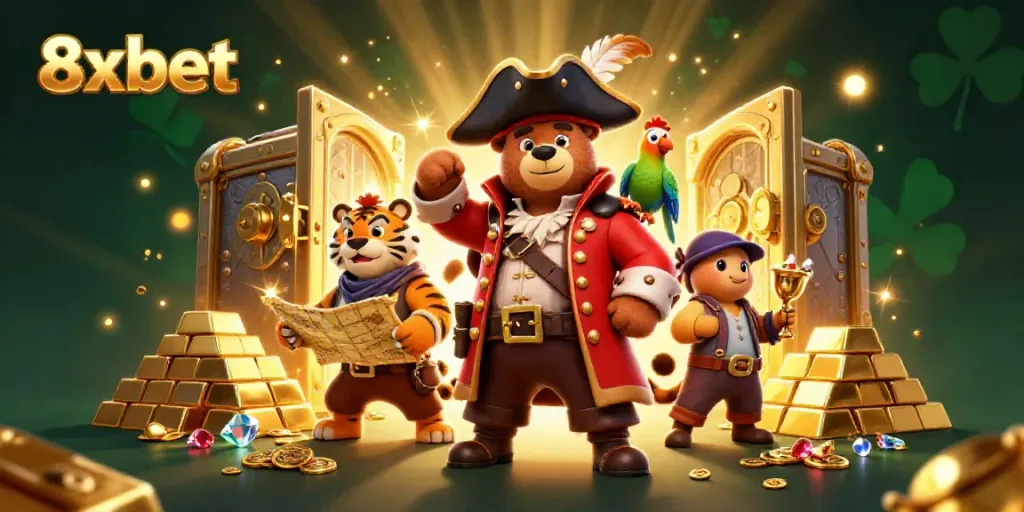 Experience the excitement of 8xbet with vibrant pirate characters and sparkling treasures in a dynamic casino-themed 3D illustration.