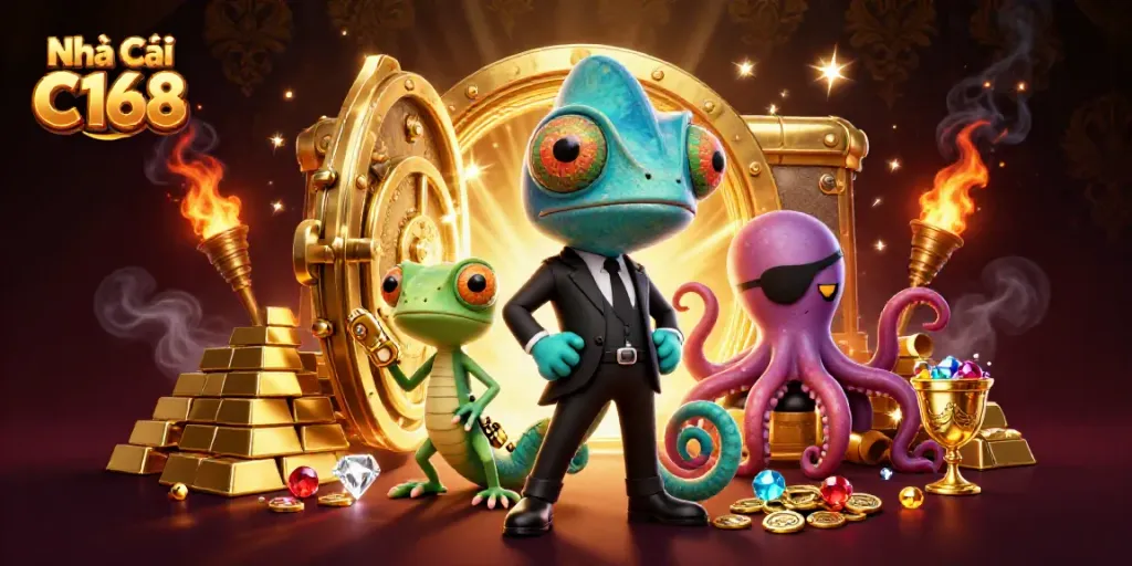 Experience thrills with Nhà Cái C168 featuring colorful characters and shimmering casino treasures