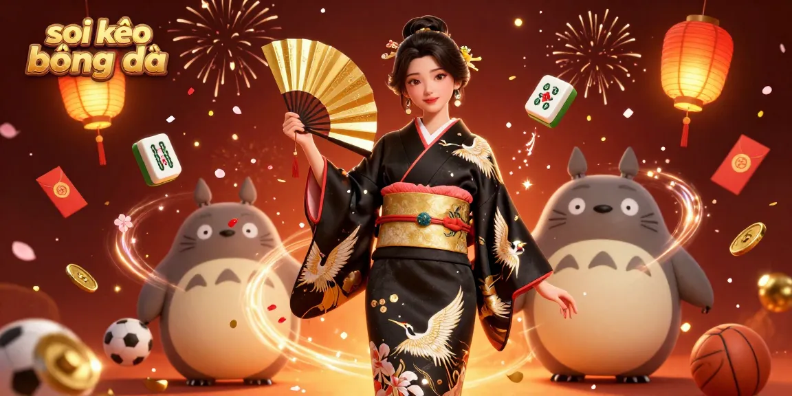 Soi kèo bóng đá scene with an Asian woman in kimono and a cartoon tanuki, surrounded by festive gambling elements.