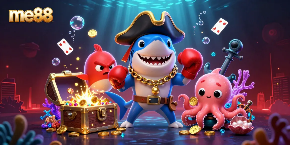 Experience the excitement of me88 with a playful underwater casino scene featuring a shark, pufferfish, and octopus.