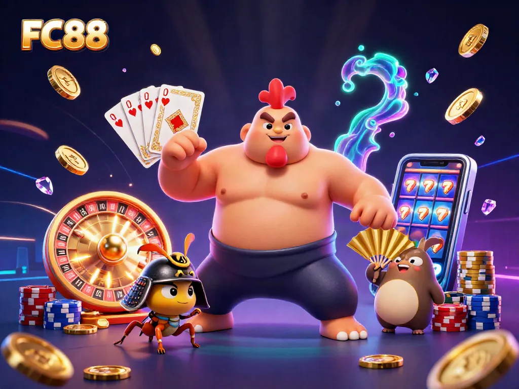 FC88's dynamic casino scene with powerful sumo rooster and samurai cricket amidst soaring coins and cards.