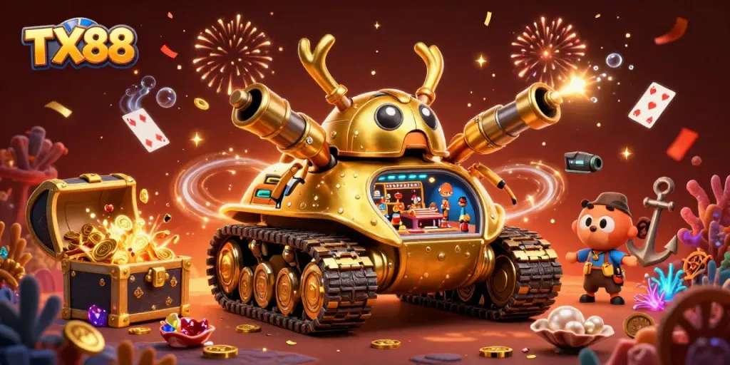 Experience thrilling gameplay with TX88 in this vibrant 3D casino scene filled with excitement.