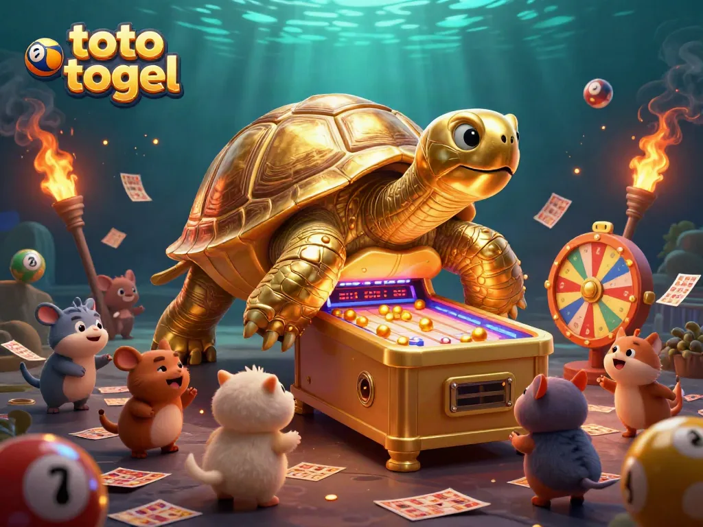 Engage in exciting lottery gaming with the golden tortoise pinball under glowing lights in this vibrant scene.