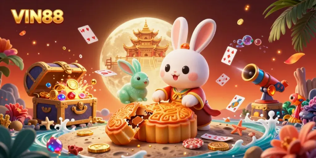 Experience exciting games at VIN88 with a vibrant casino illustration showcasing a mythical moon rabbit, poker chips, and gaming elements.