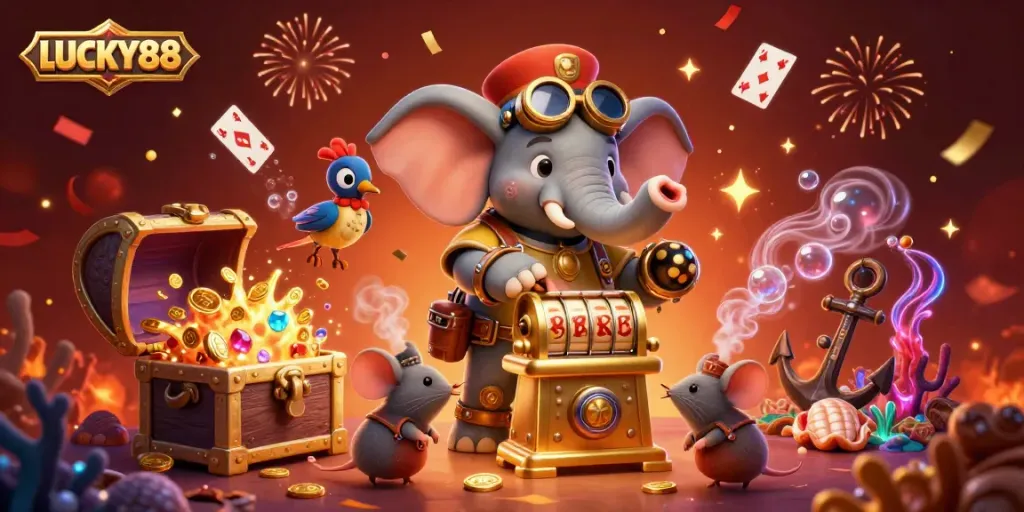Experience the thrill of LUCKY88 with the steampunk engineer and magical casino elements in a vibrant scene.