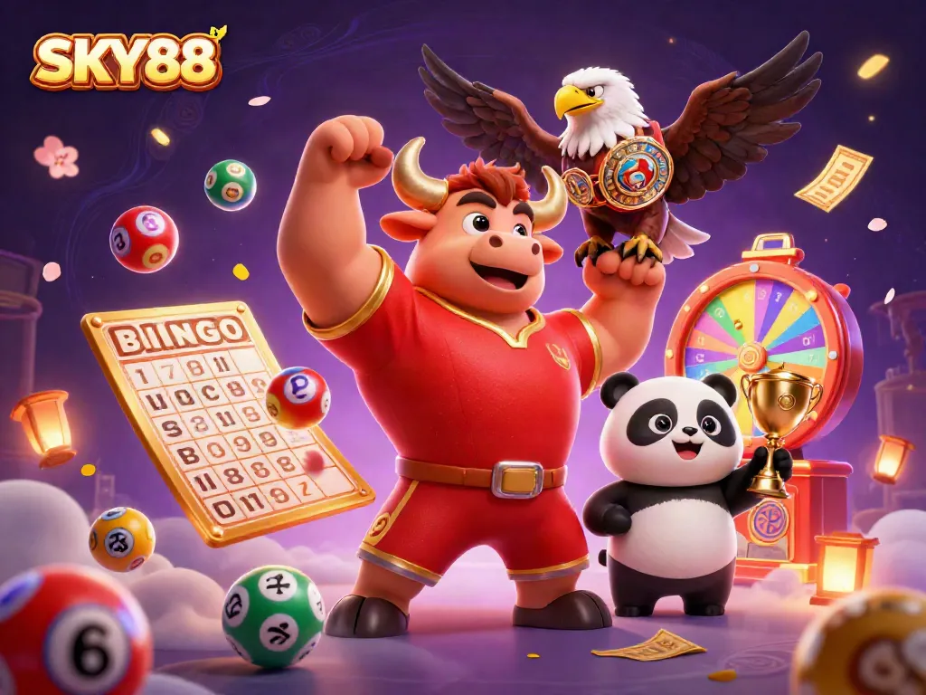 SKY88 celebrates wins with a vibrant cartoon bull, eagle, and panda in a dynamic casino scene.