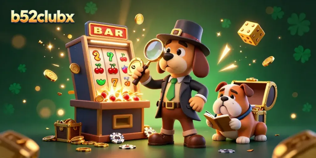 Experience thrilling gaming at b52clubx with a detective discovering treasures in a vibrant casino scene.