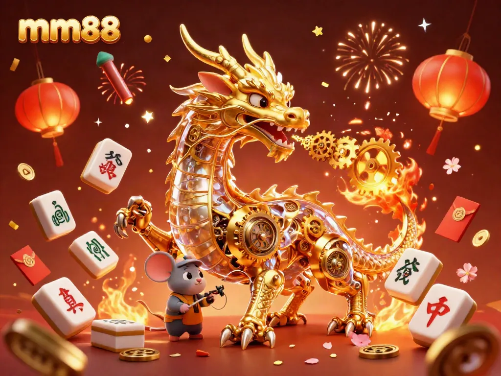 Experience the excitement of mm88 with a dynamic illustration of a golden dragon and lucky gaming elements.