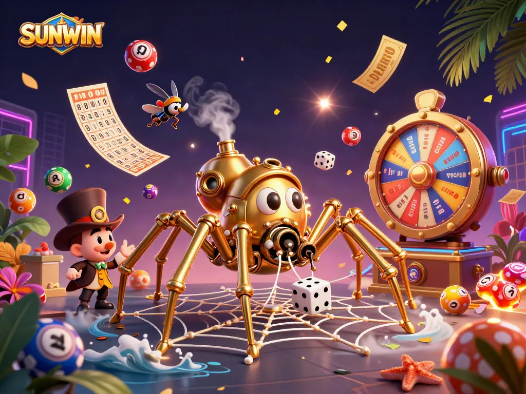 SUNWIN features vivid 3D illustration of a golden spider weaving a web of luck and games, captivating players.