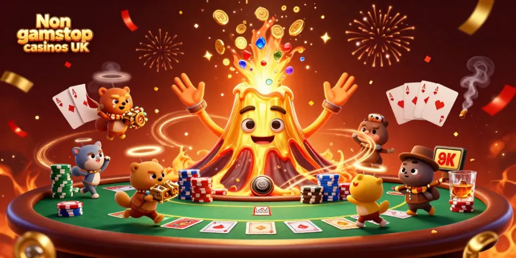 Experience vibrant excitement with Non gamstop casinos UK in this dynamic illustration of a golden volcano erupting with treasure.