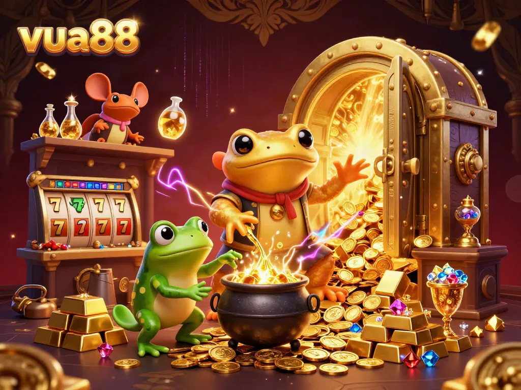 Experience the magic of vua88 in a dynamic 3D scene featuring golden alchemy, casino slots, and treasures.