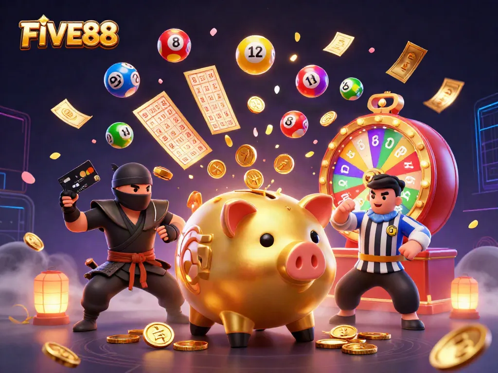 FIVE88 shows a dynamic scene of a golden piggy bank sumo wrestler amidst vibrant lottery elements and immersive casino ambiance.