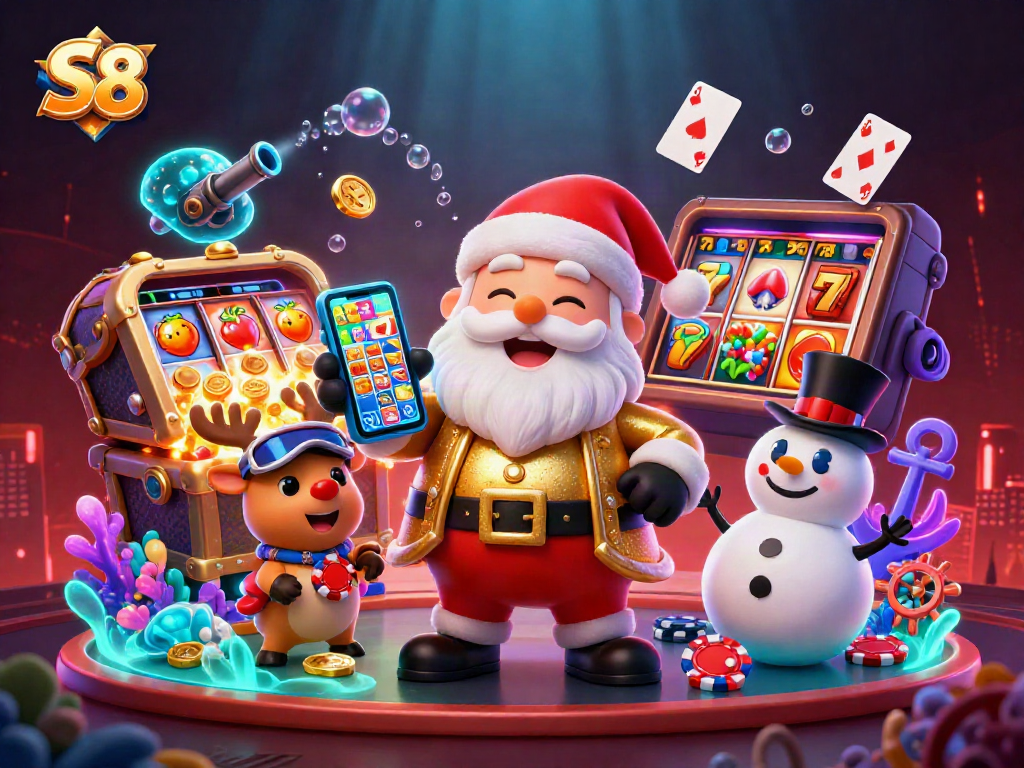 Celebrate wins with S8 in a dynamic casino scene featuring Santa and friends!