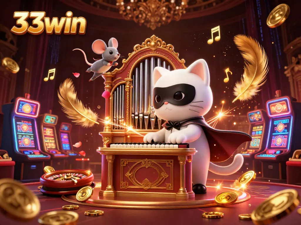 Engage with the thrilling world of 33win in this vibrant casino scene featuring a charismatic white cat and a mouse acrobat.
