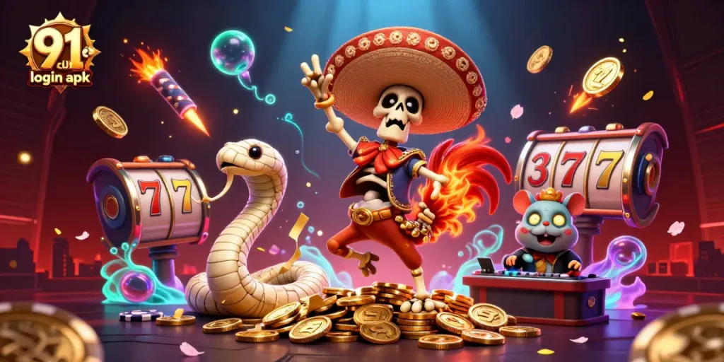 Experience the excitement of 91 club login apk with vibrant 3D characters celebrating on piles of coins.