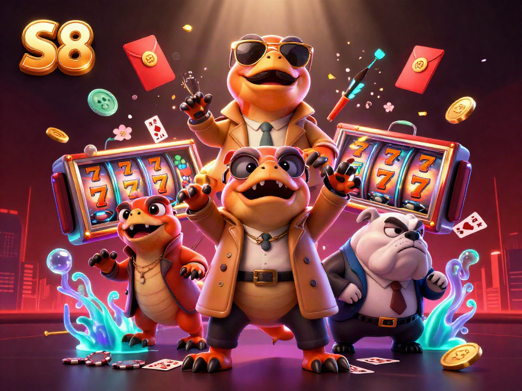 Experience the S8 thrill with cartoon raptors in a VIP casino scene filled with exciting game elements.