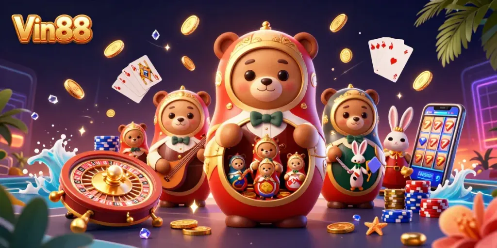 Engage Vin88 players with captivating casino fun amidst vibrant gaming elements and festive characters.