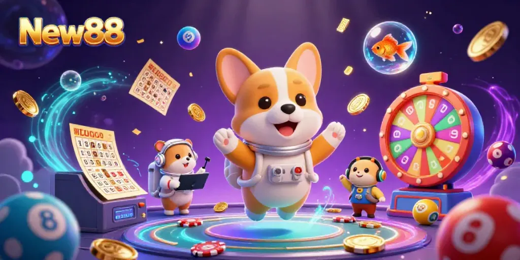 Experience the excitement of New88 casino with a cosmic scene filled with animated characters in a space station.