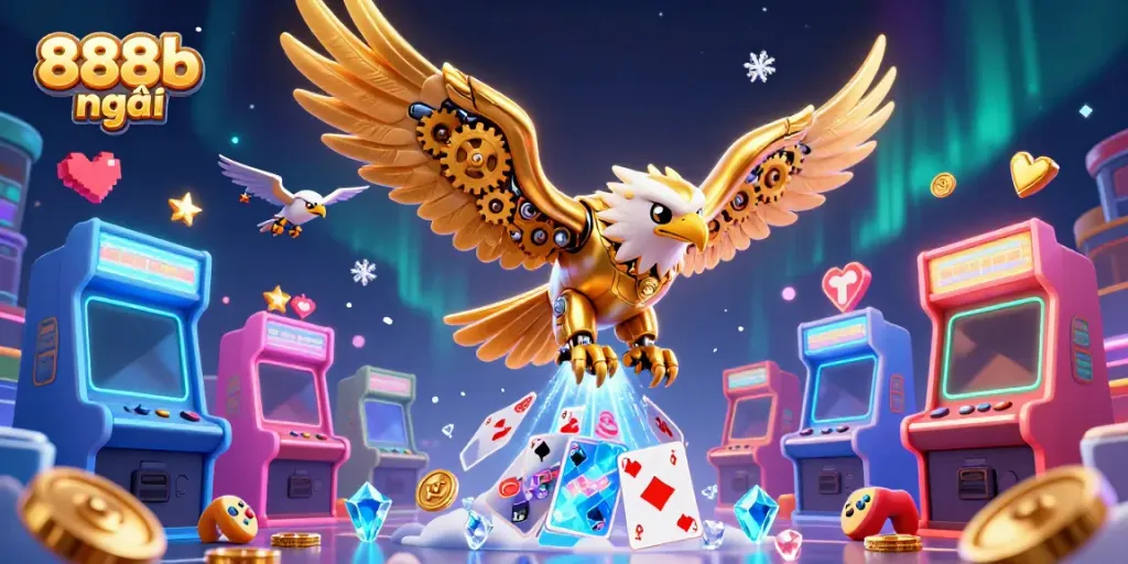 Experience excitement with 888b mới in a vibrant 3D illustration of a golden eagle and arcade elements.