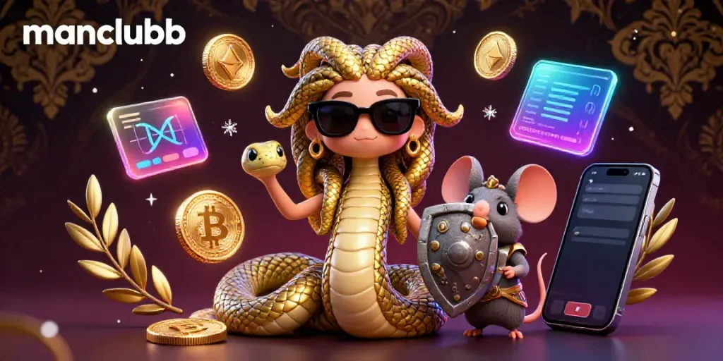 Join the fun at manclubb with a Medusa-themed casino adventure showcasing vibrant crypto elements.