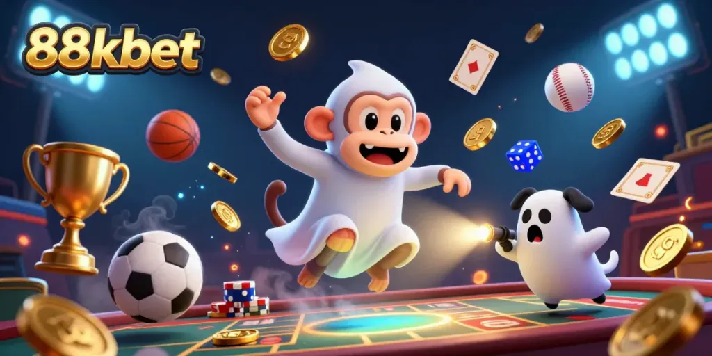 Experience the thrilling world of 88kbet casino with a playful monkey and ghost-hunter puppy in a lively scene.