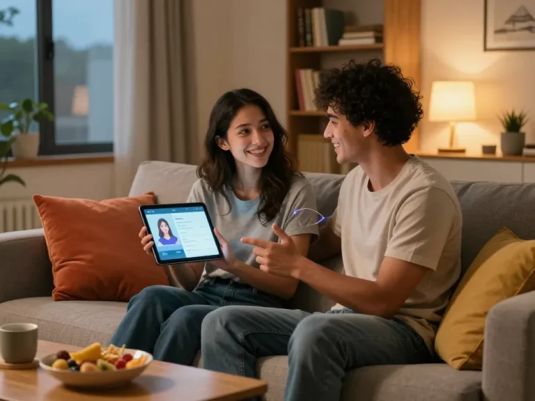 Young couple engaging with an AI girlfriend app in a cozy living room setting.