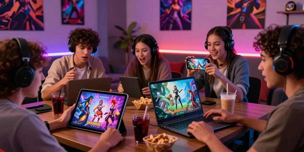 Players immersed in real hentai games across devices in a cozy gaming lounge