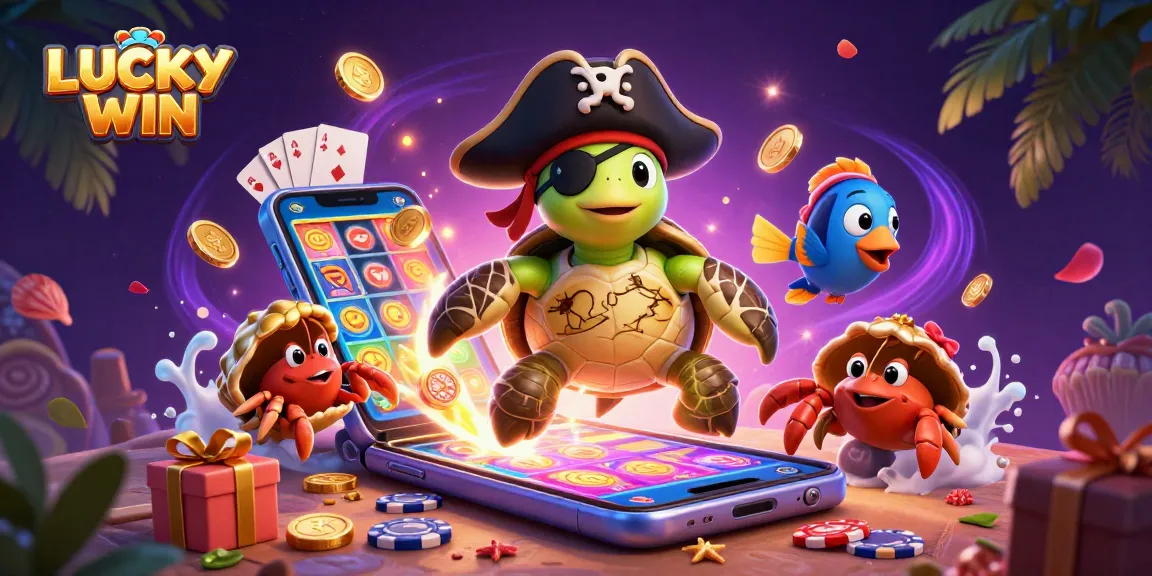 Experience the wealth of LUCKYWIN with a playful turtle and colorful casino elements.