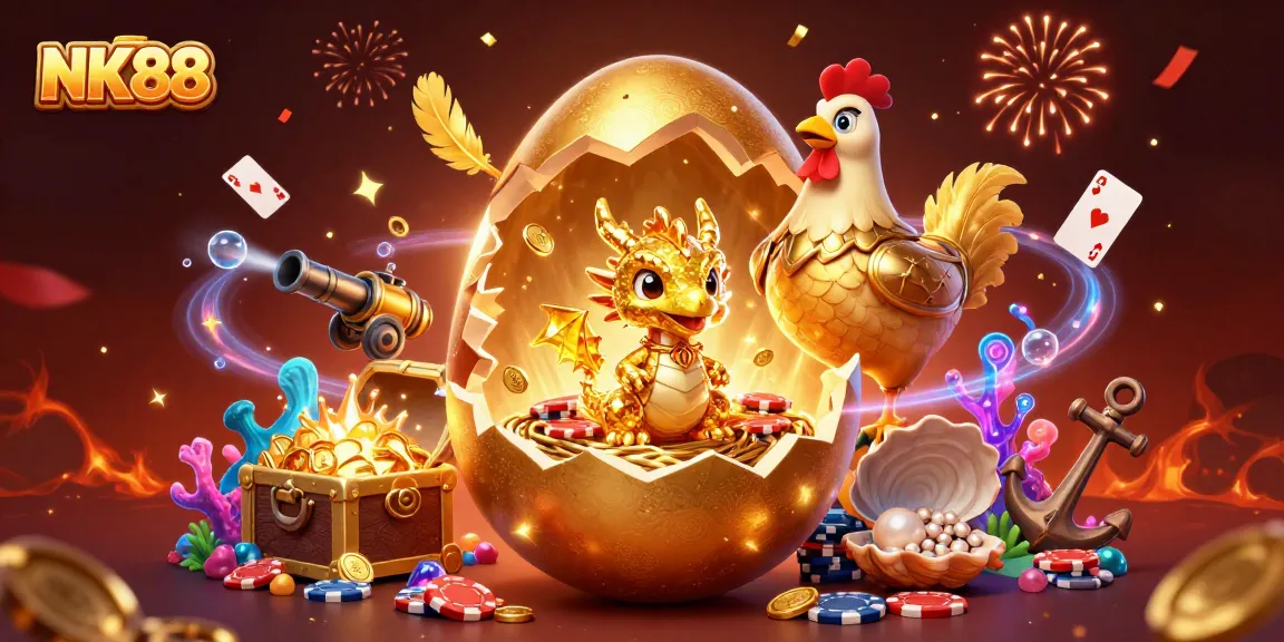 Experience thrilling wins at NK88 with a golden baby dragon and poker chips immersed in a vibrant casino scene.