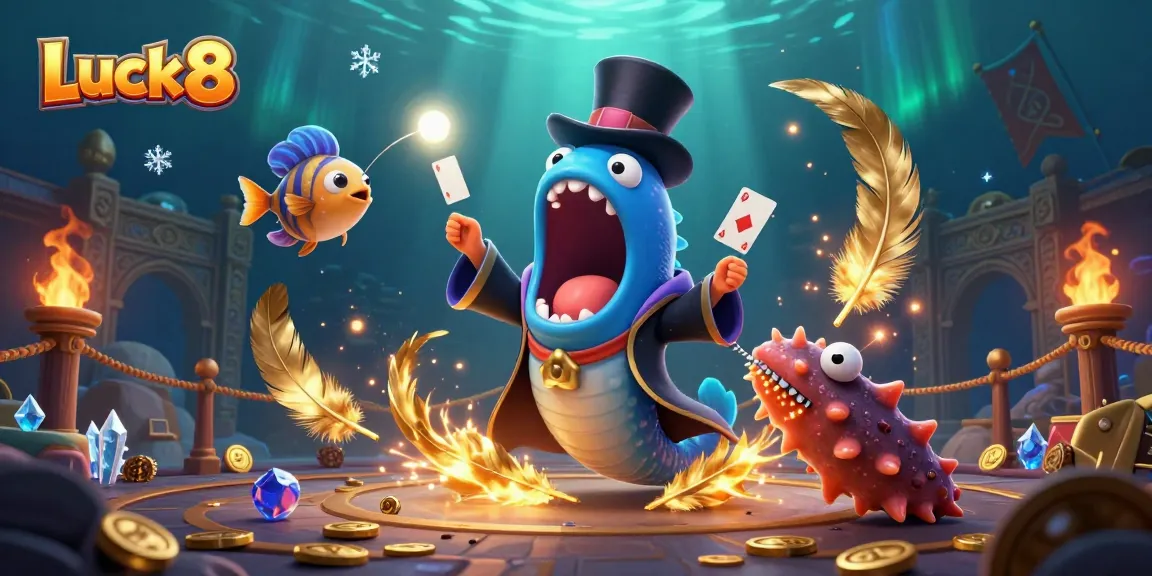 Luck8 showcases a bioluminescent eel performing card tricks at an underwater casino scene, creating excitement.