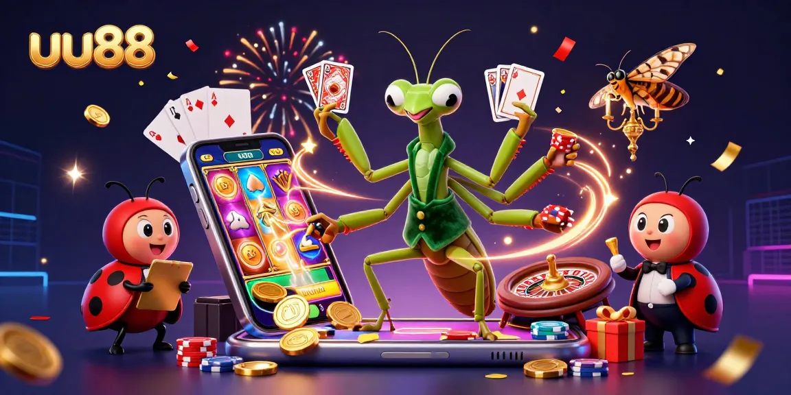 uu88 showcases a vibrant casino scene with a giant mantis dealer and ladybug pit boss, featuring engaging slot games.