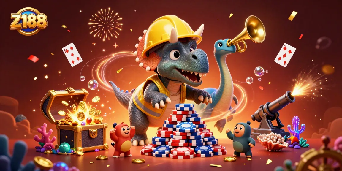 Z188 engages players with vibrant casino-themed design featuring a triceratops and a joyful atmosphere.