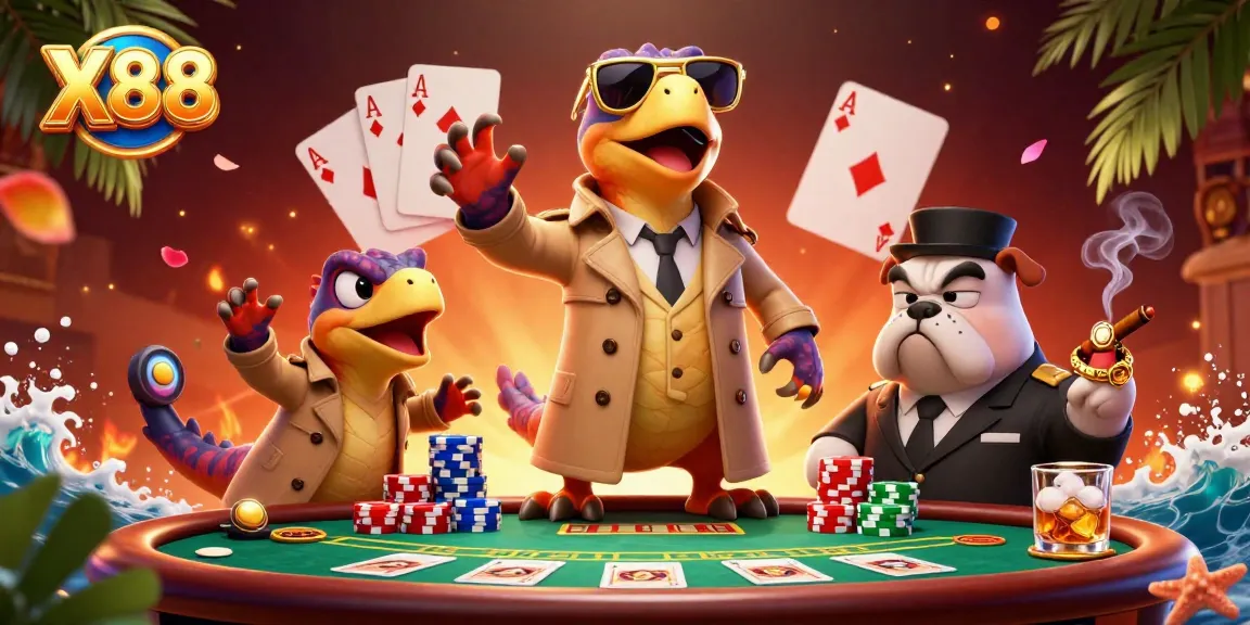 X88 raptors humorous attempt to enter VIP casino while interacting with a bulldog bouncer amidst vibrant poker elements.