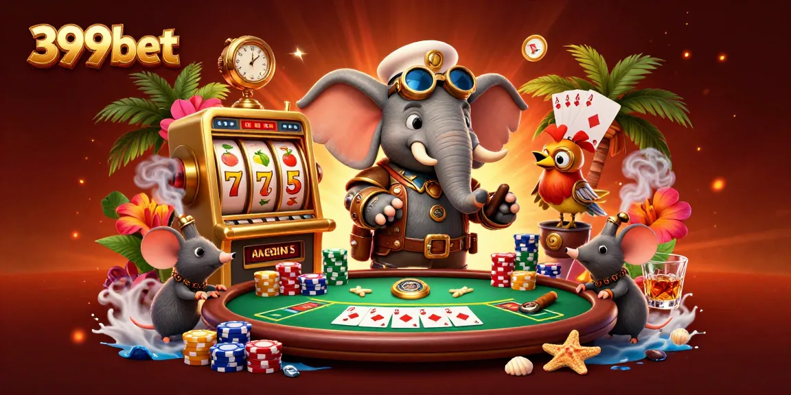 Play exciting games on 399bet with a lively steampunk scene featuring a golden slot machine and poker elements.