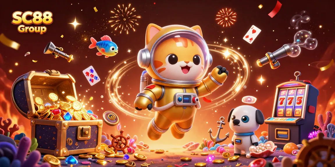 Engage with SC88 Group's captivating casino scene featuring a space astronaut cat and lively game elements.